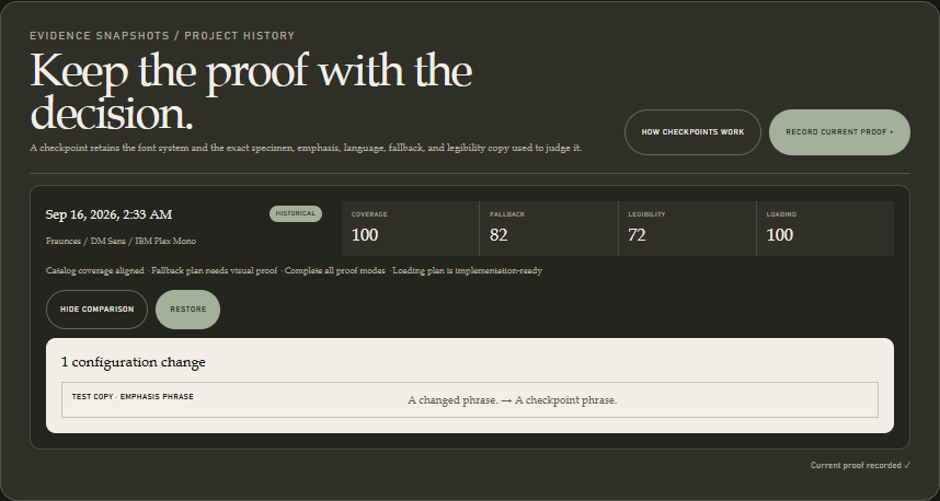 Type Scout proof history showing a recorded checkpoint and a comparison of changed project-specific test copy.