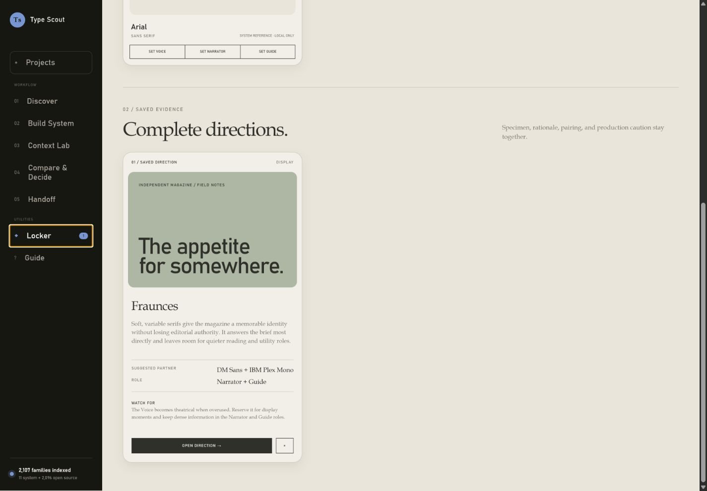 Type Scout Font Locker showing saved families and directions.